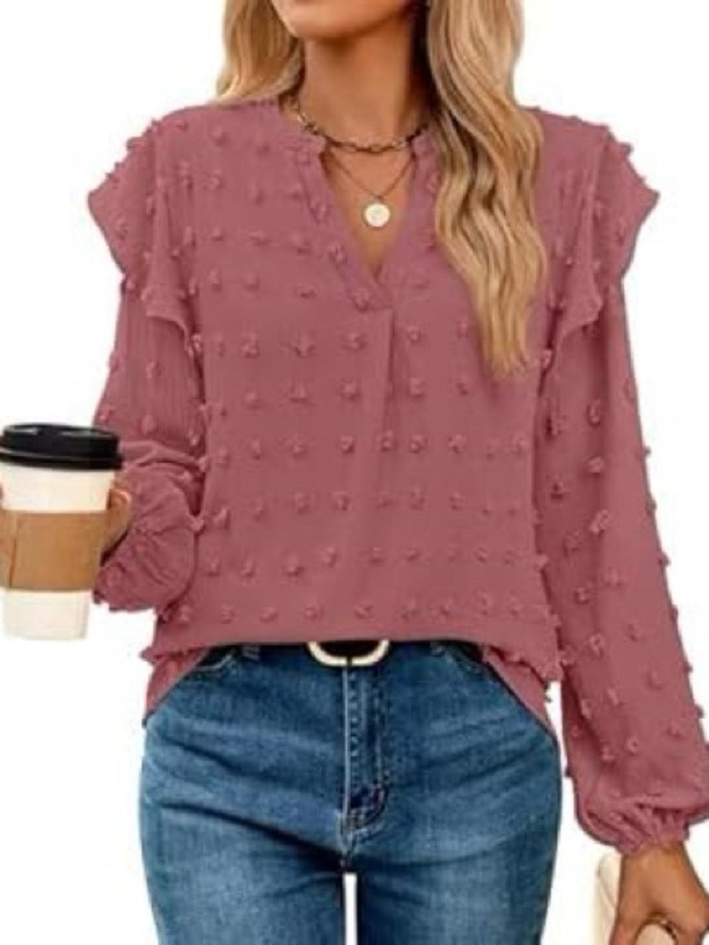 Women's Dusty Rose Textured V-Neck Blouse
